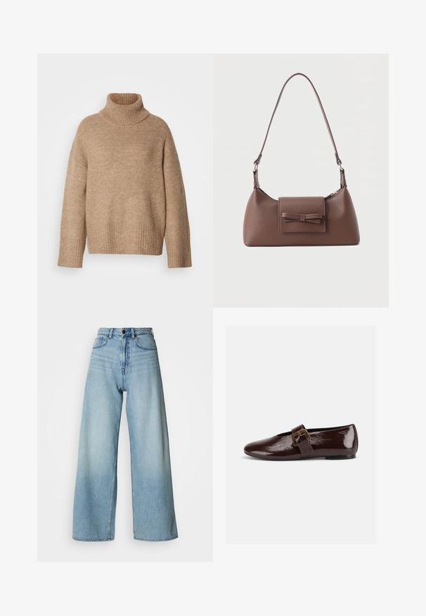 Beige rullekravesweater lavet af blødt strikstof. Har ribbet halsudskæring og manchetter, med en afslappet pasform og sænkede skuldersømme.; Lyseblå, højtaljede, vidtbenede jeans lavet af denim, med fem-lommers design og subtile falmede detaljer for tekstur.; Mørkebrun laklædersko med stor guldlås og rund tå, vist i sideprofil på hvid baggrund.; Brun skuldertaske i læder med en frontlomme med klap, der har en sydd sløjfedetalje, og en justerbar rem.