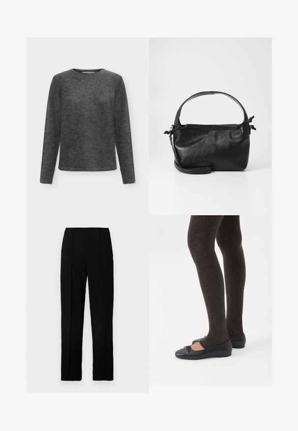 Pull à manches longues gris foncé à col rond, fabriqué en tissu tricoté doux et duveteux avec une coupe régulière.; Pantalon noir à coupe droite, confectionné dans un tissu lisse, doté de deux plis à l'avant et d'une ceinture épurée.; Jambes portant des leggings côtelés foncés associés à des ballerines noires avec de petits détails en nœud sur fond blanc.; Sac à main en cuir noir au design structuré, avec une poignée arrondie et une bandoulière amovible. Présente une texture lisse et un éclat subtil.