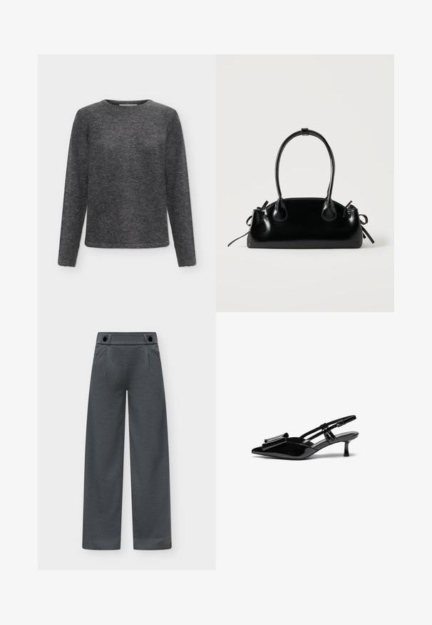 Pull à manches longues gris foncé à col rond, fabriqué en tissu tricoté doux et duveteux avec une coupe régulière.; Pantalon gris foncé à jambes larges avec taille haute et deux boutons noirs sur la ceinture sur un fond clair.; Talons aiguilles en cuir verni noir avec un bout pointu, un détail en nœud à l'avant et un petit talon stiletto. Les brides sont équipées de boucles ajustables.; Petit sac à main noir brillant avec deux longues anses et des détails à cordon sur les côtés sur un fond clair uni.