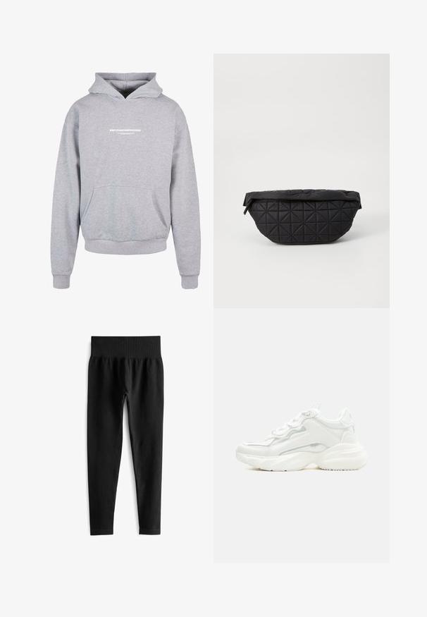 Sweatshirt à capuche gris avec une poche avant, arborant un texte imprimé en blanc "MÉTAMORPHOSE" sur la poitrine. Matière en mélange de coton, poignets côtelés.; Leggings noirs côtelés avec une large taille élastique, présentant une silhouette ajustée et une texture lisse. Pas de matériel ou motifs visibles.; Baskets blanches épaisses avec semelle épaisse, fermeture à lacets sur le devant et cuir synthétique lisse avec des détails subtils de couture.; Sac noir matelassé avec une texture douce et rembourrée, un motif en diamant angulaire, une silhouette arrondie et une fermeture éclair.
