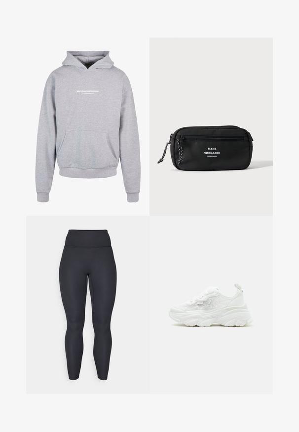 Sweatshirt à capuche gris avec une poche avant, arborant un texte imprimé en blanc "MÉTAMORPHOSE" sur la poitrine. Matière en mélange de coton, poignets côtelés.; Leggings noires côtelées taille haute avec un design ajusté, une texture lisse et une coupe longue. Dotés d'une ceinture large pour un meilleur maintien.; Baskets blanches épaisses avec lacets sur le devant, panneaux latéraux en mesh floral et semelle épaisse sculptée, vues de profil gauche sur fond uni.; Pochette rectangulaire noire avec poche avant zippée, tirettes de fermeture éclair tressées et logo blanc "MADS NØRGAARD COPENHAGEN" sur le devant.
