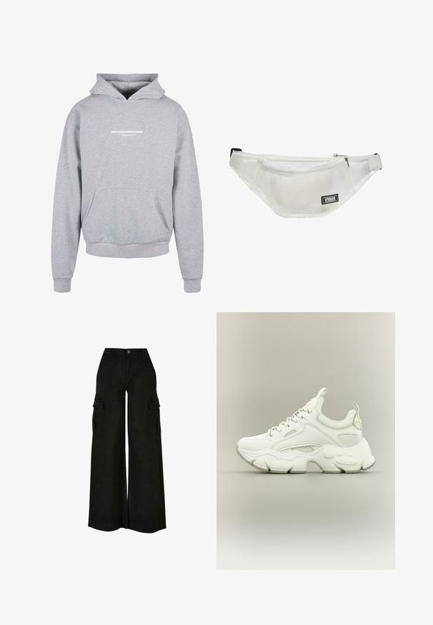 Sweatshirt à capuche gris avec une poche avant, arborant un texte imprimé en blanc "MÉTAMORPHOSE" sur la poitrine. Matière en mélange de coton, poignets côtelés.; Pantalon cargo noir à jambes larges, taille haute, bouton sur le devant, fermeture éclair, passants de ceinture et poches à rabat sur les deux cuisses.; Baskets blanches épaisses avec semelle épaisse texturée, dessus en mesh et cuir, fermeture à lacets et languettes sur la languette et le talon.; Pochette banane transparente en matériau clair, avec une poche en maille, fermeture éclair et sangle réglable. Étiquette de marque noire affichée.