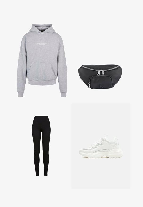 Sweatshirt à capuche gris avec une poche avant, arborant un texte imprimé en blanc "MÉTAMORPHOSE" sur la poitrine. Matière en mélange de coton, poignets côtelés.; Leggings Noirs avec une taille haute, tissu extensible, texture lisse et un design ajusté, adaptées pour un usage décontracté ou sportif.; Baskets blanches épaisses avec semelle épaisse, fermeture à lacets sur le devant et cuir synthétique lisse avec des détails subtils de couture.; Sac banane en nylon noir avec un compartiment principal zippé et une poche avant, doté de fermetures à glissière en argent et d'un logo "B" en relief.