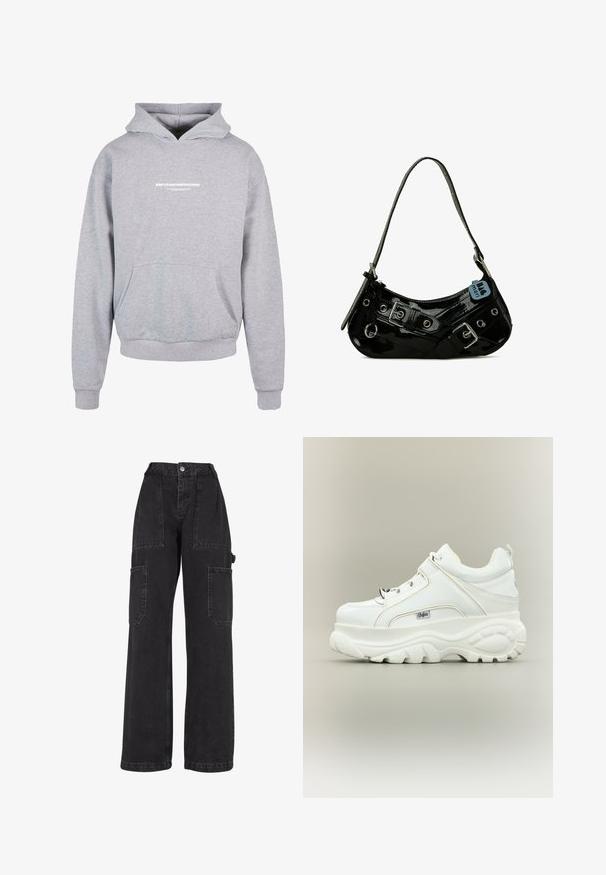 Sweatshirt à capuche gris avec une poche avant, arborant un texte imprimé en blanc "MÉTAMORPHOSE" sur la poitrine. Matière en mélange de coton, poignets côtelés.; Pantalons cargo en denim noir avec des jambes larges, plusieurs poches à patch et une taille haute. Dotés d'une fermeture à bouton et de coutures solides.; Baskets à plateforme blanches avec semelle épaisse et imposante, lacets sur le devant et logo de la marque Buffalo sur le côté, vues de l’extérieur.; Sac à main en cuir verni noir avec une forme incurvée, présentant des ferrures en argent, des boucles décoratives et une bandoulière courte. Étiquette bleue attachée.