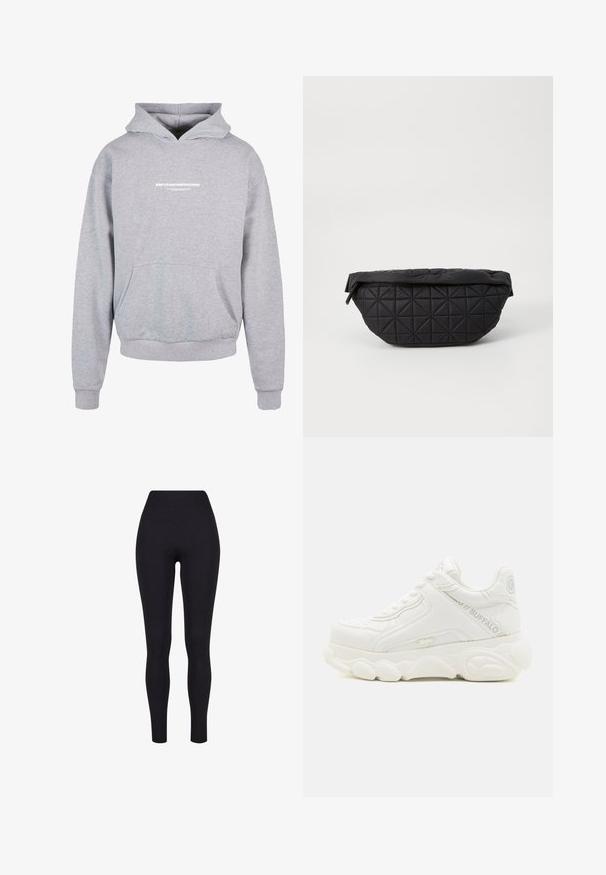 Sweatshirt à capuche gris avec une poche avant, arborant un texte imprimé en blanc "MÉTAMORPHOSE" sur la poitrine. Matière en mélange de coton, poignets côtelés.; Leggings noirs taille haute, fabriqués à partir d'un tissu extensible, présentant une texture lisse et un design ajusté sans coutures ni motifs visibles.; Basket blanche épaisse avec semelle épaisse, design à lacets, et marquage "Buffalo" sur le côté et le talon.; Sac noir matelassé avec une texture douce et rembourrée, un motif en diamant angulaire, une silhouette arrondie et une fermeture éclair.