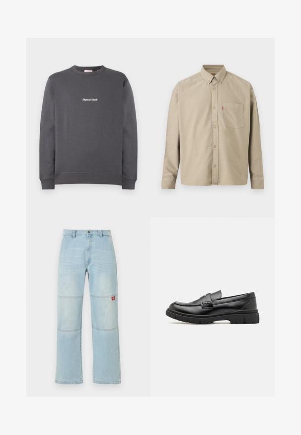 Grijze sweatshirt met een ronde hals en lange mouwen. Heeft ribgebreide manchetten en een onderrand, met "Original Studio" geborduurd in het wit.; Beige overhemd met lange mouwen, knoopsluiting, knoopkraag, borstzak aan de linkerkant en een zichtbaar rood label in de naad van de zak.; Lichtblauwe denim jeans met wijd uitlopende pijpen, kniepaneel details en een klein rood rechthoekig logo op het rechter bovenbeen.; Zwarte leren instapper met een brede band over de voet, rubberen zool met dikke noppen en een gladde textuur. Klassiek, strak ontwerp.