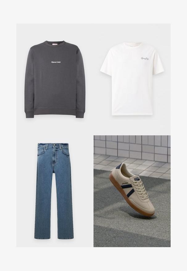 Grå sweatshirt med rund hals og lange ærmer. Har ribbede manchetter og kant, med "Original Studio" broderet i hvidt.; Hvid T-shirt med korte ærmer og rund halsudskæring med lille sort kursiv tekst "Racing Club Est. 1973" på venstre bryst.; Blå straight-leg denim jeans med fem lommer, bæltestropper og knaplukning, vist på en hvid baggrund.; Beige sneaker med struktureret overflade, marineblå striber og gummisål. Har en polstret tunge og traditionelt snørresystem for en sikker pasform.