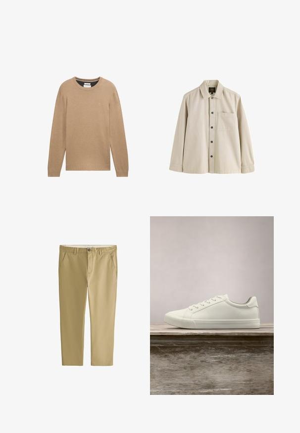 Pull en tricot beige avec un col rond, des manches longues et des poignets et un ourlet côtelés. Présente un petit logo sur la poitrine.; Chemise beige à manches longues boutonnée, avec un col et une poche poitrine, conçue dans un tissu robuste.; Pantalon beige droit pour homme avec passants de ceinture, fermeture à bouton et poches latérales, présenté à plat sur fond blanc.; Sneaker en dentelle blanche flottant au-dessus d'un banc en bois avec un feuillage vert en arrière-plan, mettant en valeur le design et la texture de la chaussure.