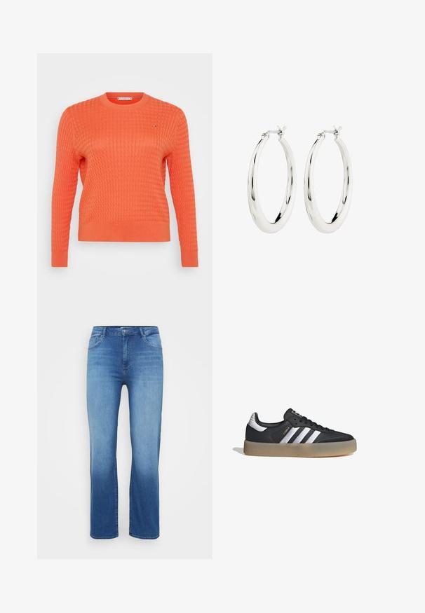 Suéter de punto naranja con un patrón texturizado tipo gofre, cuello redondo y mangas largas. Detalle de pequeño logo en el pecho.; Jeans de mezclilla de color azul claro con corte recto, diseño de cinco bolsillos y un efecto desgastado en el dobladillo. Cierre de botón en la cintura.; Zapatilla deportiva de cuero negro con tres rayas plateadas, punta texturizada y suela de goma. Cuenta con un collar acolchado y un diseño con cordones.; Pendientes de aro de plata con un acabado suave y brillante. Forma circular, con un cierre seguro. Diseño sencillo y elegante.