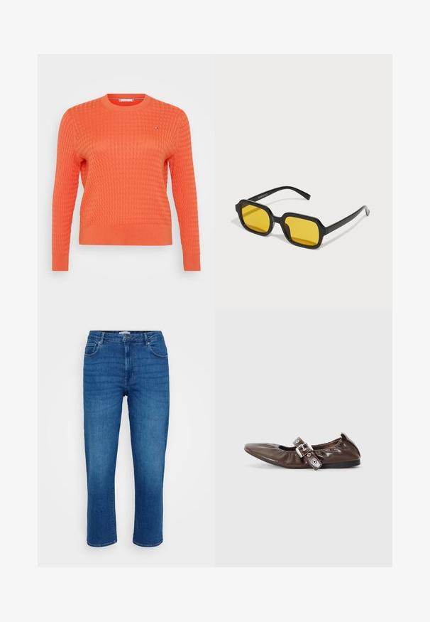 Pull en tricot orange avec un motif en relief, col rond et manches longues. Détail de petit logo sur la poitrine.; Jeans en denim bleu avec une coupe droite, style cinq poches, et une fermeture classique par bouton et zip, présentant des effets de décoloration subtils à l'avant.; Chaussure plate en cuir verni marron avec un bout pointu, un détail de nœud élastiqué et une accent en boucle en argent sur le côté. Semelle en caoutchouc noir.; Lunettes de soleil rectangulaires noires avec des verres jaunes. Les caractéristiques incluent des montures épaisses et un design anguleux avec une finition lisse et brillante.