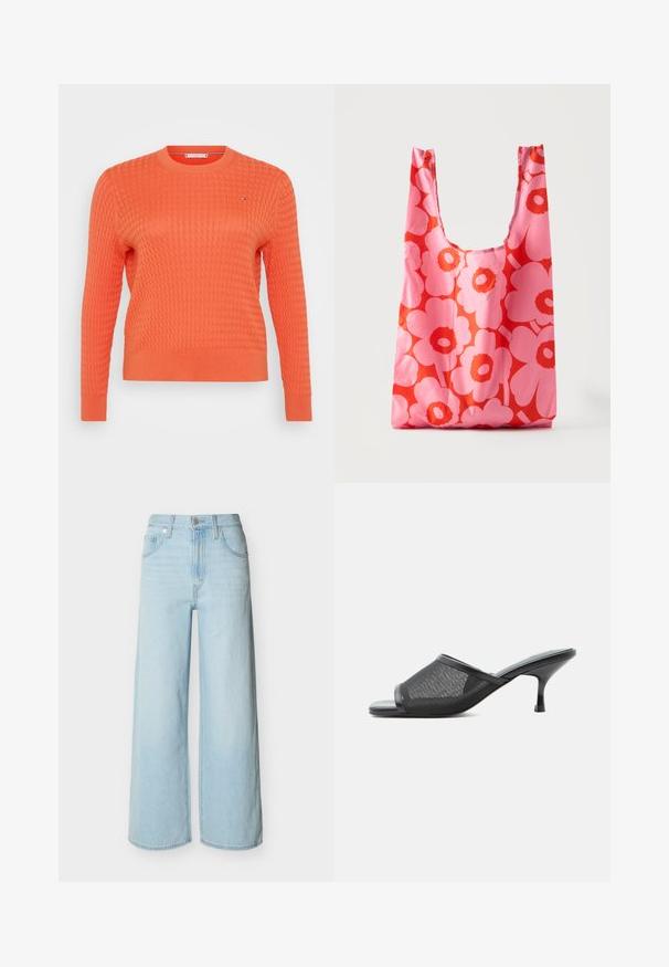 Orange strikket sweater med en struktureret, vaffelmønster, rund halsudskæring og lange ærmer. Lille logo detalje på brystet.; Lyseblå vidbenede jeans med forreste knap- og lynlås-lukning, bæltestropper og klassisk design med fem lommer.; Sort højhælet mule med mesh-overdel og spids kattehæl, åben tå og glat sål mod en ensfarvet hvid baggrund.; Genanvendelig indkøbspose med et lyst pink og rødt blomstermønster, der står oprejst på en almindelig hvid baggrund.