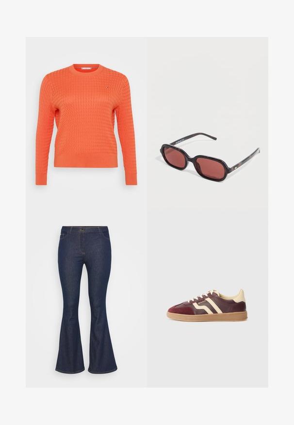Pull en tricot orange avec un motif en relief, col rond et manches longues. Détail de petit logo sur la poitrine.; Jean bleu foncé évasé en denim, avec une taille ajustée, une fermeture éclair et des détails de couture subtils. Les jambes s'élargissent au niveau des chevilles.; Baskets en cuir bordeaux et crème avec des détails en daim, présentant deux rayures diagonales, une semelle en caoutchouc texturée et un design à bout arrondi.; Lunettes de soleil écaille avec montures ovales, verres rougeâtres et branches fines. Dotées d'un petit accent doré et du logo sur la branche.