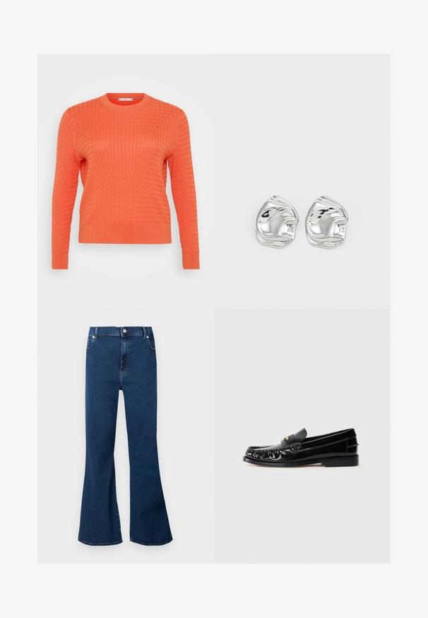 Pull en tricot orange avec un motif en relief, col rond et manches longues. Détail de petit logo sur la poitrine.; Jean en denim bleu foncé taille haute avec jambes évasées larges, bouton devant et poches, présenté sur un fond clair.; Mocassins en cuir noir avec un bout arrondi, des coutures décoratives et un petit accent doré sur le dessus. Semelle en caoutchouc plate, design épuré.; Boucles d'oreilles en forme abstraite argentées avec une finition poli, présentant des courbes lisses et des contours subtils. Pas de motifs ou d'accents visibles.
