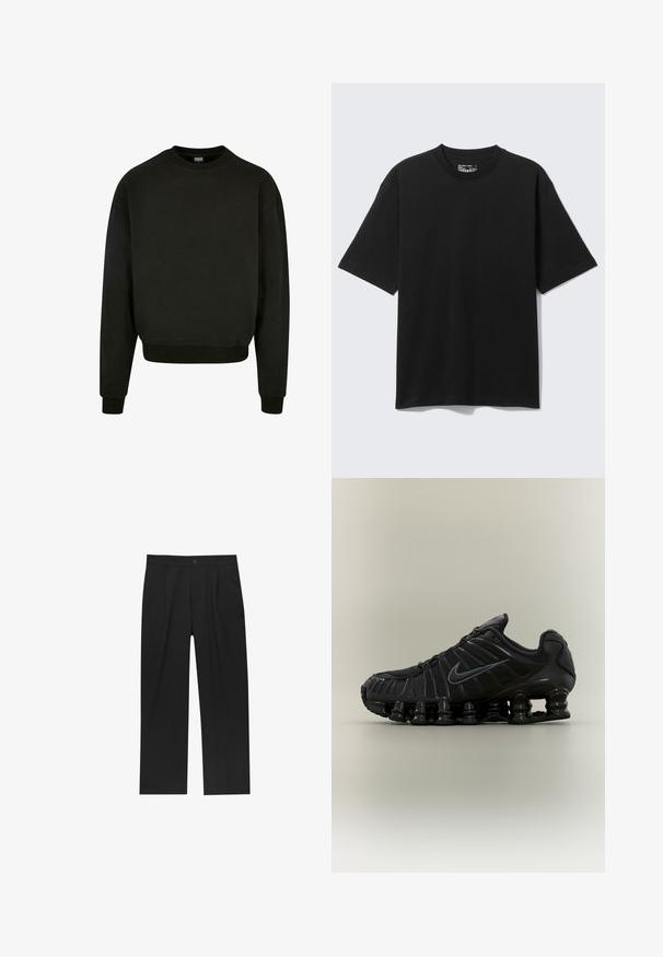 Sweatshirt noir à col rond en tissu mélangé coton, avec des manches longues et des poignets et un ourlet côtelés. Design simple et uni.; T-shirt noir en coton à manches courtes et coupe décontractée, col rond, présenté sur un fond clair uni.; Pantalons noirs au design droit, fabriqués à partir d'un tissu lisse. Dotés de plis sur le devant et d'une fermeture à un bouton à la taille.; Chaussure de course noire Nike avec semelle segmentée semblable à un ressort, dessus en mesh et logo Swoosh noir assorti sur le côté.