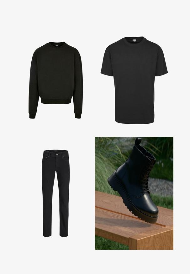 Sort crewneck sweatshirt lavet af bomuldsblandingsstof, med lange ærmer og ribkanter ved ærmer og nederkant. Simpelt, ensfarvet design.; Sort bomuld t-shirt med korte ærmer, rund halsudskæring og almindelig pasform. Stoffet fremstår glat og uden pynt.; Sorte denimjeans med lige ben, der har forlommer og knaplukning. Glat tekstur med et klassisk design.; Sort læder ankelstøvle med tekstureret overflade, snørebånd foran og kraftig, ribbet sål. Vist på en træoverflade med græsbaggrund.