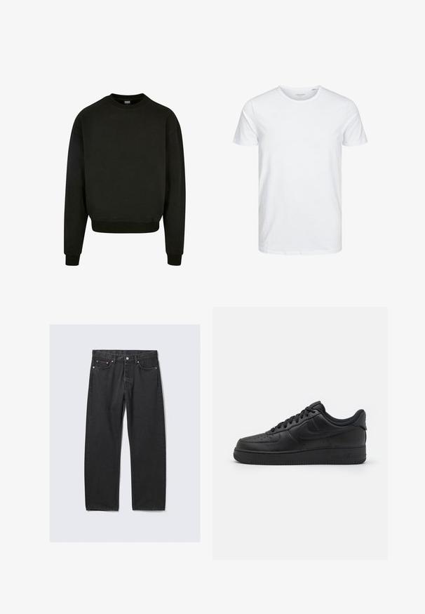 Sweat-shirt noir à manches longues avec col rond, poignets et ourlet côtelés, devant uni, et étiquette de taille moyenne à l'intérieur du col.; T-shirt à col rond à manches courtes de couleur blanche unie, fabriqué en coton doux, avec un design simple sans motifs ni accents visibles.; Jean noir droit avec cinq poches et une fermeture bouton à la taille, posé à plat sur un fond clair.; Nike Sportswear AIR FORCE 1 07 FLYEASE - Baskets basses - black