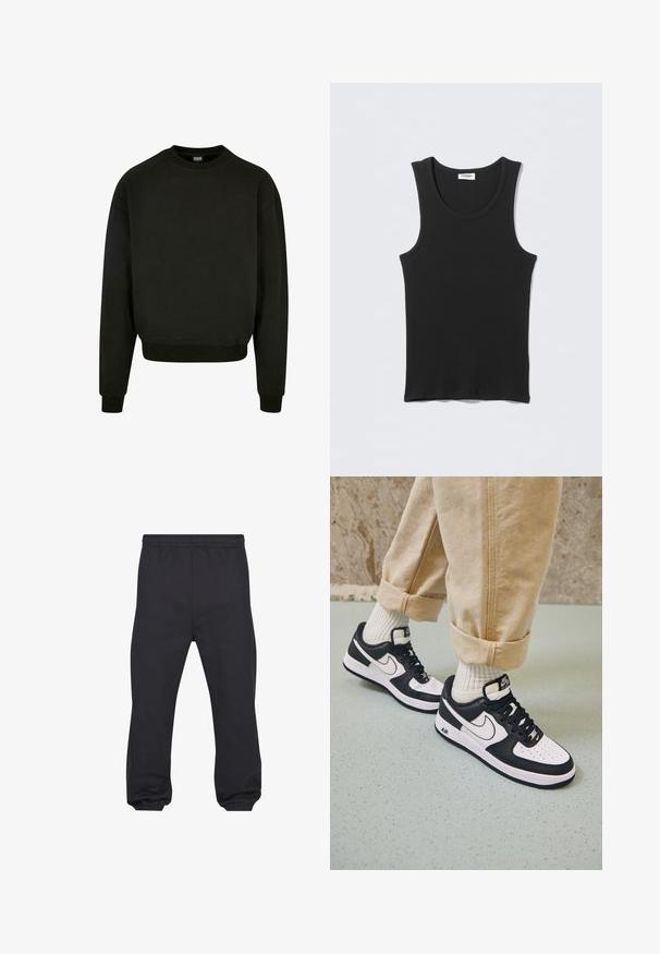 Sweatshirt noir à col rond en tissu mélangé coton, avec des manches longues et des poignets et un ourlet côtelés. Design simple et uni.; Débardeur noir côtelé sans manches avec encolure ronde, posé à plat sur un fond gris clair. L'étiquette indique « WEEKDAY ».; Pantalon de jogging noir avec taille élastique et poignets élastiques, fabriqué dans un tissu doux et lisse, présenté à plat de face.; Baskets Nike Air Force 1 en noir et blanc avec un dessus en cuir, orteil perforé et détail de semelle texturée, portées avec un pantalon beige retroussé et des chaussettes blanches.