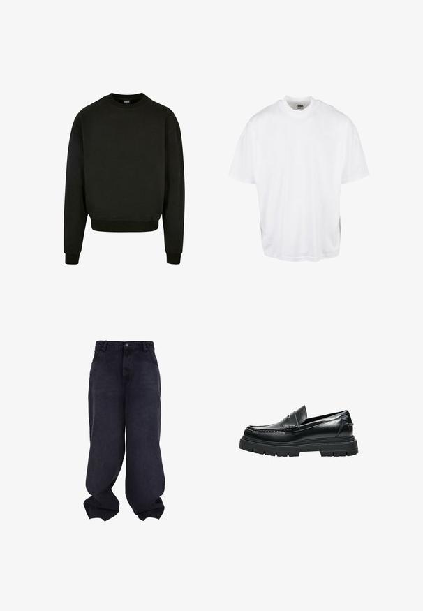 Sweatshirt noir à col rond en tissu mélangé coton, avec des manches longues et des poignets et un ourlet côtelés. Design simple et uni.; T-shirt en coton blanc avec une coupe décontractée, des manches courtes et un col rond, présentant un ourlet droit et sans graphiques ni motifs visibles.; Jeans baggy noirs oversize avec fermeture avant à boutons et fermeture éclair, poches avant et jambes larges et amples.; Mocassin en cuir noir avec semelle épaisse à crampons et détail de bride penny, vu de profil sur fond blanc.