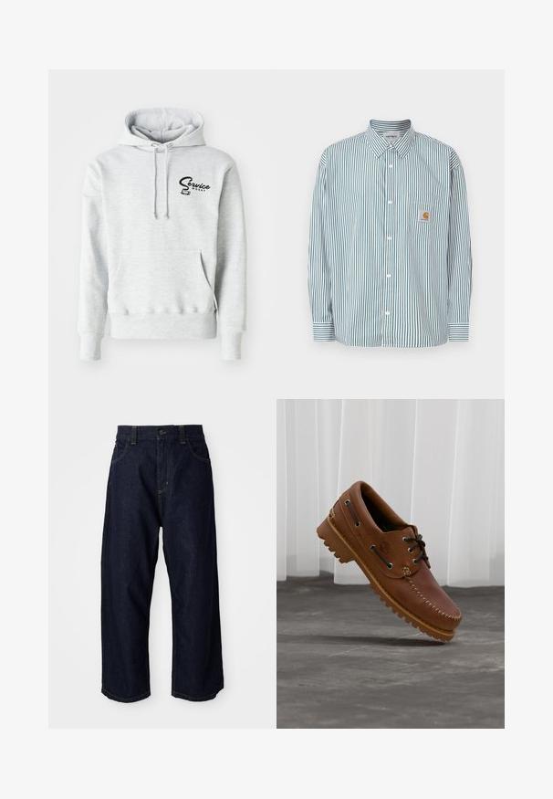 Grijze hoodie van zacht materiaal, met een voorzak, een capuchon met trekkoord en een zwart "Service Works" logo op de linkerborst.; Gestreept shirt in groen en wit, voorzien van een kraag met knoopsluiting, lange mouwen, een zak aan de voorkant en een klein logolabel.; Donkerblauwe denim broek met een comfortabele pasvorm, voorzien van een knoopsluiting, riemlussen en gele stiksels op de zakken en naden.; Bruine leren bootschoen met zwarte veters, beige stiksel en een robuuste zool, zwevend boven een grijze betonnen vloer.