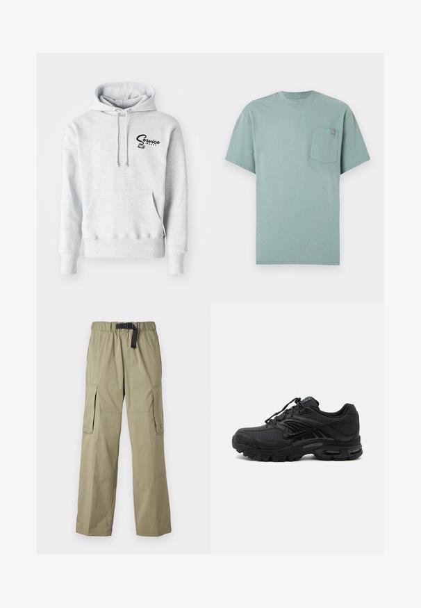 Grijze hoodie van zacht materiaal, met een voorzak, een capuchon met trekkoord en een zwart "Service Works" logo op de linkerborst.; Lichtgroen T-shirt met korte mouwen en een ronde hals, voorzien van een borstzak met een klein oranje-blauw logolabel.; Licht olijfgroene cargobroek met elastische tailleband en riem, met twee zijzakken en een soepele textuur, ontworpen voor comfort en functionaliteit.; Zwarte atletische sneaker met textuurstof, dikke gevoerde zool, luchtopeningen en vetersluiting, vanaf de zijkant weergegeven tegen een lichte achtergrond.