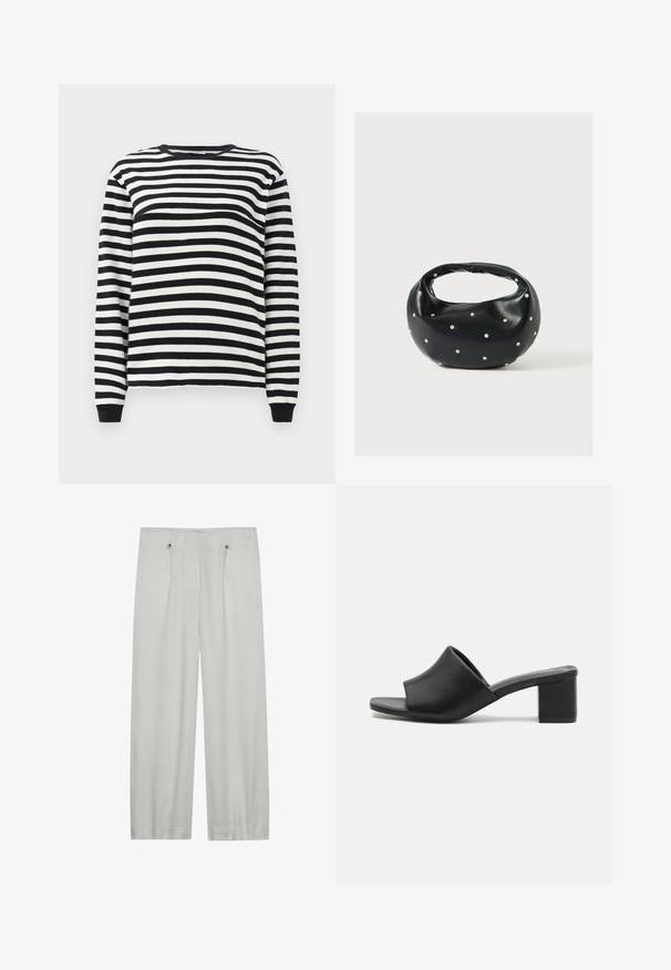 Chemise à manches longues rayée noir et blanc avec un col rond et des poignets côtelés. Tissu doux avec des rayures horizontales régulièrement espacées.; Pantalons taille haute en gris clair, à jambes larges, fabriqués en tissu doux. Comprend deux plis avant, deux boutons de fermeture et une texture lisse.; Mules à talons carrés en cuir noir avec un bout ouvert, présentant une surface lisse et un upper légèrement courbé pour le confort et le style.; Sac à main en cuir noir de forme arrondie, décoré de clous argentés et équipé d'une poignée courte. Texture lisse et fermeture éclair.