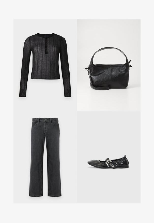 Sort langærmet top lavet af semi-gennemsigtigt materiale med ribbet tekstur, med en rund halsudskæring og seks knaplukninger.; Mørkegrå vidde bukser lavet af denim, med standard linning, fem lommer og knaplukning. Glat tekstur og ensartet syning.; Sorte læder flade sko med spids tå, samling detaljer omkring åbningen, og en sølv spænde accent på den justerbare rem.; Sort læderhåndtaske med et struktureret design, rund tophåndtag og aftagelig skulderrem. Den har en glat tekstur og en subtil glans.