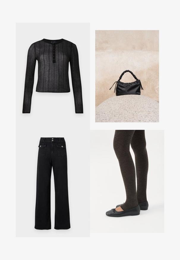 Haut noir à manches longues en matériau semi-transparent avec une texture côtelée, présentant un col rond et une patte de boutonnage à six boutons.; Pantalon noir à taille haute et jambes larges, avec deux poches à rabat à l'avant fermées par des boutons et une fermeture à double bouton à la taille.; Jambes portant des leggings côtelés foncés associés à des ballerines noires avec de petits détails en nœud sur fond blanc.; Sac à main noir froncé avec une poignée froncée, posé sur une sphère en pierre texturée devant un mur en béton beige.