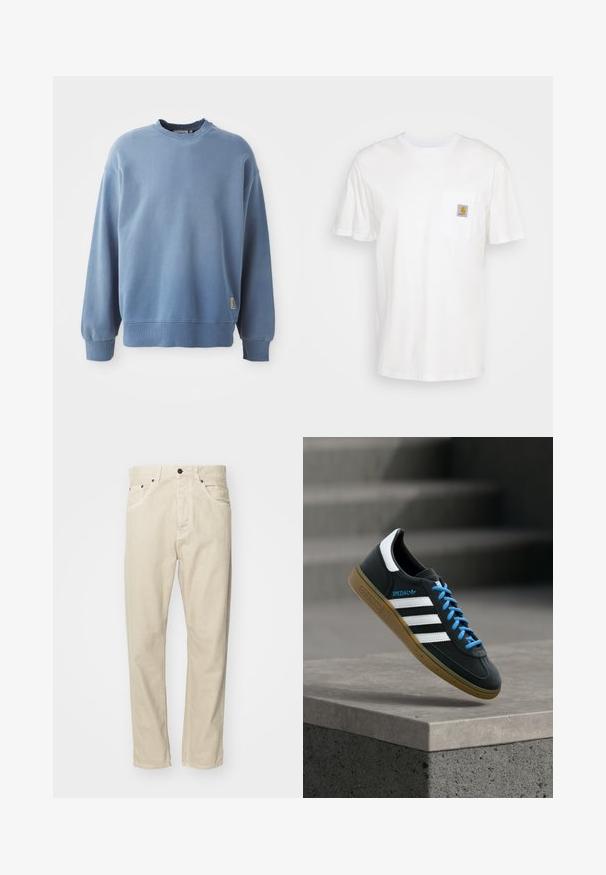 Hellblauer Pullover aus weichem Material, mit Rundhalsausschnitt, langen Ärmeln, gerippten Bündchen und Saum sowie einem kleinen Logoschild nahe dem Saum.; Weißes Baumwoll-T-Shirt mit kurzen Ärmeln, einer Brusttasche und einem kleinen quadratischen Logopatch in Orange und Weiß auf der Tasche.; Beige Baumwollhose mit geradem Bein, fünf Taschen und Metallakzenten. Glatte Textur mit minimalen Nähdetails.; Schwarzer Adidas-Sneaker mit weißen Streifen, blauen Schnürsenkeln und Gummisohle, der über einer grauen Betontreppe im weichen Licht schwebt.