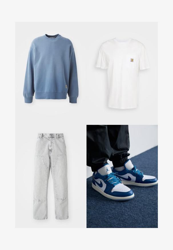 Lyseblå sweatshirt lavet af blødt stof, med rund hals, lange ærmer, ribbede manchetter og kant, samt et lille logotag nær bunden.; Hvid bomulds T-shirt med korte ærmer, en brystlomme, og et lille firkantet logo patch i orange og hvid på lommen.; Lys grå denim bukser med en løs pasform, der har store sidelommer, synlige sømme og et lige ben design. Bæltestropper i taljen.; Nike Air Jordan sneakers har en hvid læderbase med blå syntetiske detaljer, en perforeret tåboks og blå snørebånd.