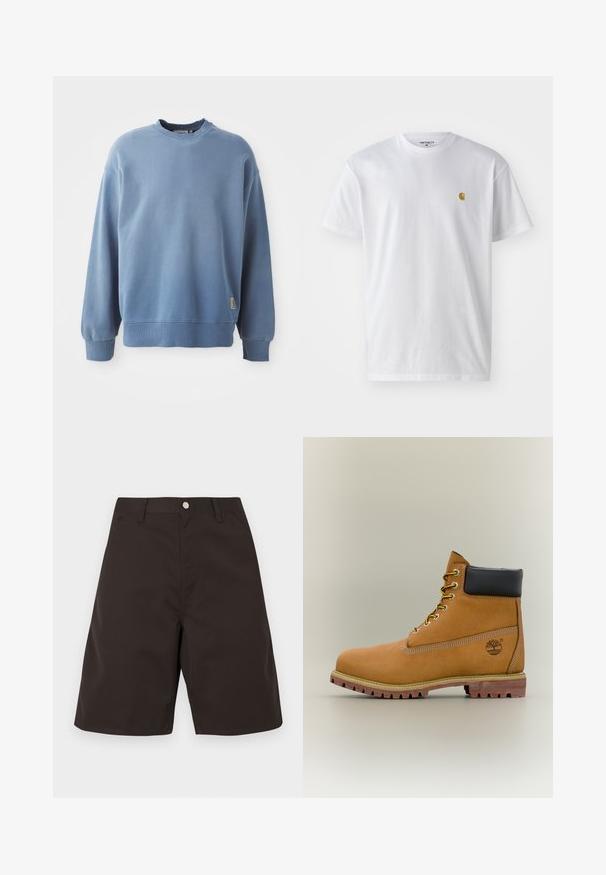 Lyseblå sweatshirt lavet af blødt stof, med rund hals, lange ærmer, ribbede manchetter og kant, samt et lille logotag nær bunden.; Hvid bomulds t-shirt med korte ærmer, rund hals og et lille guld logo på venstre brystområde. Blød tekstur og almindelig pasform.; Mørkebrune shorts lavet af glat stof. Har forlommer, bæltestropper og en flad front. Straight fit med knælængde.; Brun læderankelstøvle med sort krave, gule snørebånd og tanfarvet sål. Har logo og hvide syninger som detalje. Robust ydersål med greb.