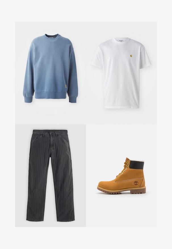 Hellblauer Pullover aus weichem Material, mit Rundhalsausschnitt, langen Ärmeln, gerippten Bündchen und Saum sowie einem kleinen Logoschild nahe dem Saum.; Weißes Baumwoll-T-Shirt mit kurzen Ärmeln, Rundhalsausschnitt, mit einem kleinen goldenen Logo im linken Brustbereich. Weicher Stoff und normale Passform.; Schwarz gestreifte Hose aus einem Baumwollmix. Verfügt über ein gerades Bein-Design, seitliche Taschen und einen Knopfverschluss.; Braune Leder-Ankle-Boots mit Metallösen, weißem Kunstfellfutter, schwarzem gepolstertem Kragen, robustem Sohlenprofil und geprägtem Logo an der Seite.