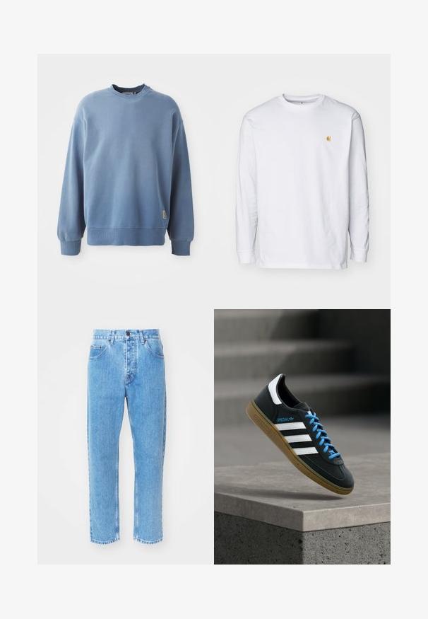 Hellblauer Pullover aus weichem Material, mit Rundhalsausschnitt, langen Ärmeln, gerippten Bündchen und Saum sowie einem kleinen Logoschild nahe dem Saum.; Weißes Langarm-T-Shirt aus Baumwolle. Mit kleinem goldenem Logo auf der Brust und Rundhalsausschnitt. Einfaches Design und normale Passform.; Hellblaue Denim-Jeans verfügen über ein gerades Bein-Design, fünf Taschen und einen klassischen Knopfverschluss am Bund.; Schwarzer Adidas-Sneaker mit weißen Streifen, blauen Schnürsenkeln und Gummisohle, der über einer grauen Betontreppe im weichen Licht schwebt.