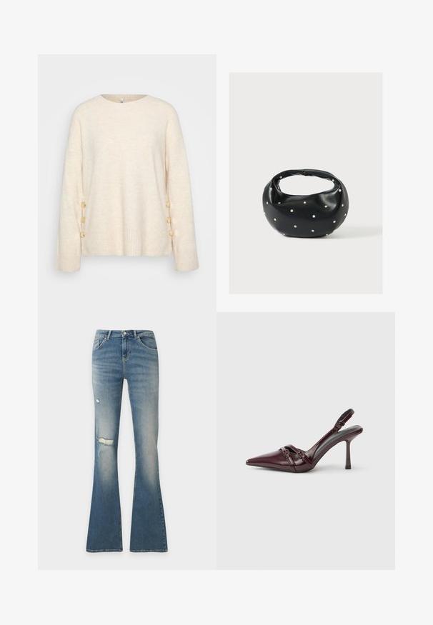 Pull crème avec un ourlet côtelé et des manches larges. Présente des boutons dorés décoratifs sur un côté pour un détail supplémentaire. Texture douce.; Jean flare en denim bleu avec des détails usés sur la cuisse et le genou gauches, bouton à l'avant et coupe à cinq poches.; Escarpin slingback en cuir verni bordeaux avec bout pointu, fine bride à la cheville et petit détail décoratif de boucle. Texture lisse et talon haut.; Sac à main en cuir noir de forme arrondie, décoré de clous argentés et équipé d'une poignée courte. Texture lisse et fermeture éclair.