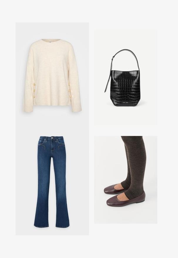 Pull crème avec un ourlet côtelé et des manches larges. Présente des boutons dorés décoratifs sur un côté pour un détail supplémentaire. Texture douce.; Jean en denim bleu foncé à taille haute, bouton et fermeture éclair devant, jambes évasées.; Ballerines en cuir verni bourgogne à bout carré, accompagnées de chaussettes en tricot côtelé marron foncé atteignant le molet.; Sac seau en cuir embossé noir façon croco avec une seule bandoulière et un petit logo argenté de la marque au centre en bas à l'avant.