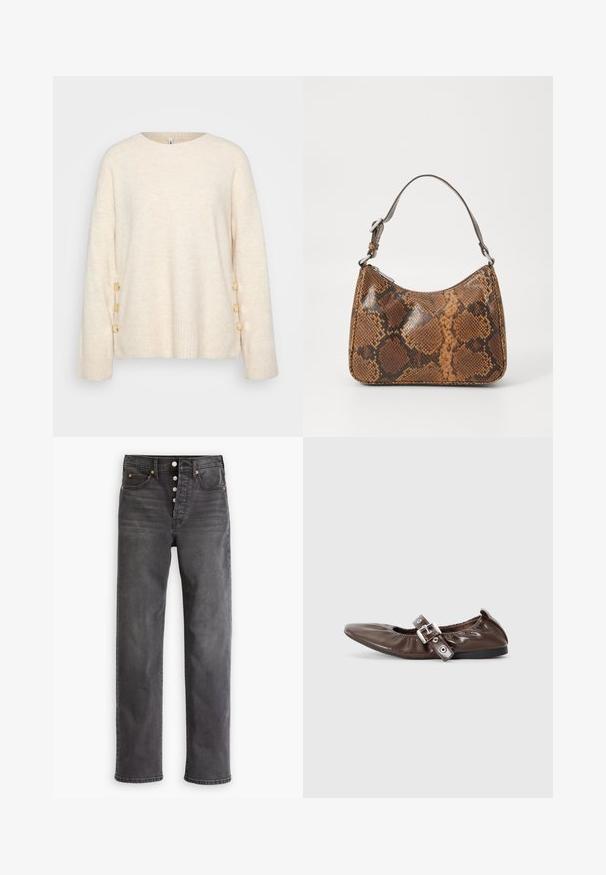 Cremefarvet sweater med ribbet kant og brede ærmer. Har dekorative gyldne knapper på den ene side for ekstra detaljer. Blød tekstur.; Grå denimjeans med høj talje, lige ben, fem lommer og knaplukning. Har kobberfarvet syning og diskret falming.; Brun lakeret flad sko med spids tå, elastisk sløjfedetalje og en sølvspændeaccent på siden. Sort gummisål.; Lille håndtaske med brun og sort slangeskinn mønster, kort justerbar rem og lynlåslukning.
