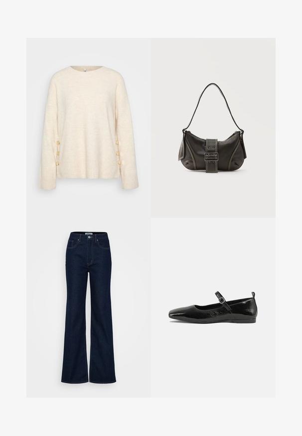 Pull crème avec un ourlet côtelé et des manches larges. Présente des boutons dorés décoratifs sur un côté pour un détail supplémentaire. Texture douce.; ONLY Tall ONLJUICY WIDE RINSE - Wide Leg - dark blue denim; Chaussure plate en cuir verni noir avec un bout pointu, une sangle de cheville avec boucles, et une texture lisse et brillante. Talon bas pour le confort.; Sac à épaule en cuir noir avec une sangle à boucle, des bords arrondis et des coutures blanches contrastées sur un fond uni.