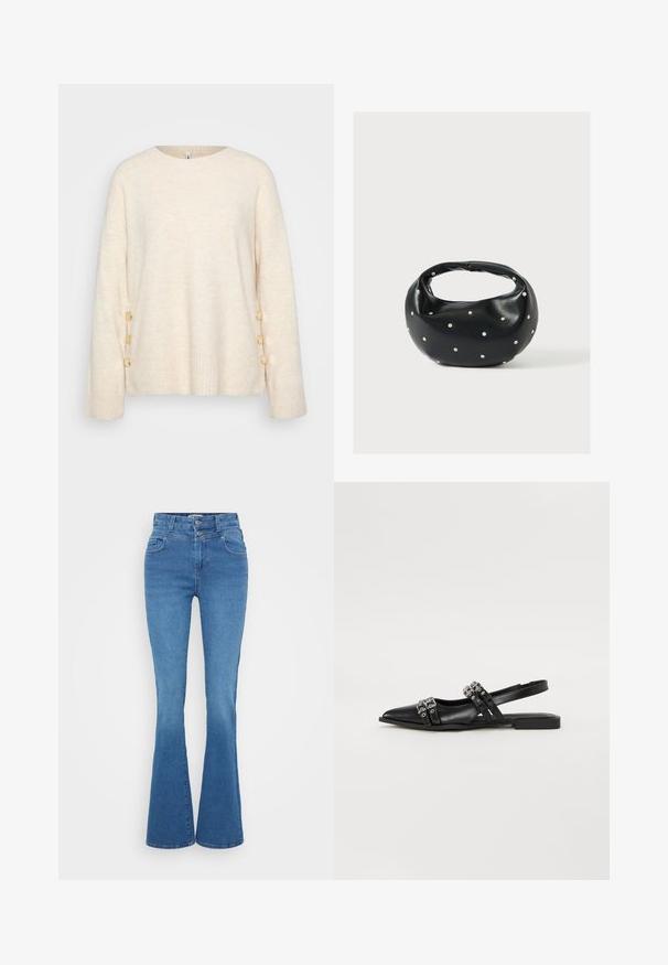 Pull crème avec un ourlet côtelé et des manches larges. Présente des boutons dorés décoratifs sur un côté pour un détail supplémentaire. Texture douce.; Jeans en denim bleu évasés avec une taille haute, comportant deux poches avant, une fermeture à bouton et une finition lisse légèrement texturée.; Even&Odd by Zalando Ballerines à brides arrière - black; Sac à main en cuir noir de forme arrondie, décoré de clous argentés et équipé d'une poignée courte. Texture lisse et fermeture éclair.