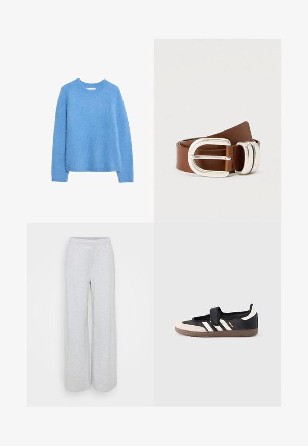 Pull en tricot duveteux bleu clair avec un col rond, des manches longues et des poignets côtelés. Texture douce avec une coupe décontractée et un ourlet plat.; Pantalons de survêtement larges gris clair, fabriqués en tissu doux en mélange de coton, dotés d'une taille élastique et sans poches visibles. Texture lisse.; Baskets noires et beiges avec une bride en velcro, trois bandes blanches sur le côté, et une semelle en caoutchouc marron texturée. Logo de la marque visible.; Ceinture en cuir marron avec une large boucle en métal argenté. La ceinture présente une texture lisse et un design classique avec des détails cousus.