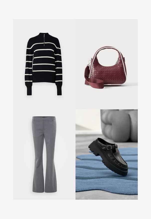 YAS Tall YASSHANTI - Πουλόβερ - black/birch; Gina Tricot Tall RELAXED TROUSERS - Παντελόνι - grey melange; Μαύρο δερμάτινο μοκασίνι με χοντρή σόλα και ασημένια πόρπη, τοποθετημένο διαγώνια πάνω σε μπλε υφασμάτινο χαλί.; Χειροποίητη καφέ δερμάτινη τσάντα με καμπυλωτή λαβή, λευκή επένδυση, ασημένιο φερμουάρ και αφαιρούμενο φαρδύ υφασμάτινο λουρί ώμου σε μονόχρωμο φόντο.