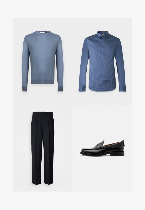 Pull à col rond bleu clair à manches longues avec poignets et ourlet côtelés, fabriqué en tissu fin tricoté.; Chemise bleu homme à manches longues, coupe slim, avec boutons cachés et col classique sur fond uni.; Pantalons plissés noirs en tissu lisse, avec une coupe droite et une taille standard avec passants de ceinture.; Mocassin homme en cuir noir avec couture moc toe, bride penny, col texturé et petit talon empilé sur fond blanc.