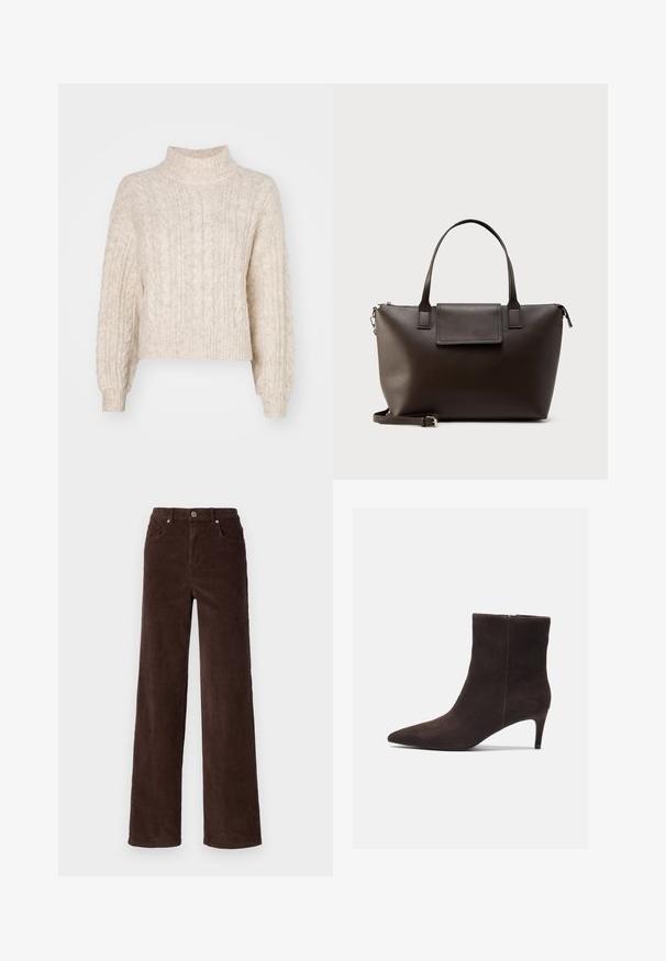 Crème-kleurige cropped trui met een hoge nek, met een getextureerd kabelbreipatroon en lange, iets pofmouwen.; Vero Moda VMTESSA WIDE PANTS - Broek - chocolate torte; Bruine suède enkellaarsjes met een spitse neus en een hak van 7,5 cm, voorzien van een gladde textuur en een minimalistisch ontwerp. Ritssluiting aan de achterkant.; Donkerbruine leren handtas met dubbele handvatten, een flapzak aan de voorkant en een verstelbare schouderriem, afgebeeld tegen een witte achtergrond.