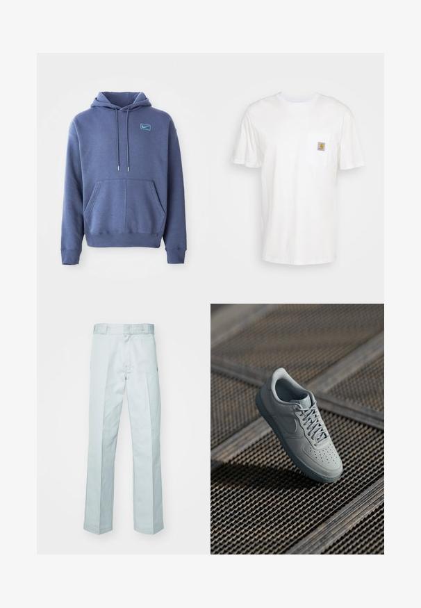 Blauwe hoodie van zacht materiaal met een voorzak, trekkoordcapuchon en een klein geborduurd logo op de borst.; Witte katoenen t-shirt met korte mouwen, een borstzak en een klein vierkant logo-opdruk in oranje en wit op de zak.; Lichtblauwe katoenen broeken met een rechte pijp, voorzien van subtiele plooi lijnen en een gladde textuur, afgewerkt met een standaard tailleband.; Grijze leren sneaker met geperforeerde neus, platte veters, gevoerde kraag en gestructureerde rubberen zool. Heeft een subtiele merkdetails.