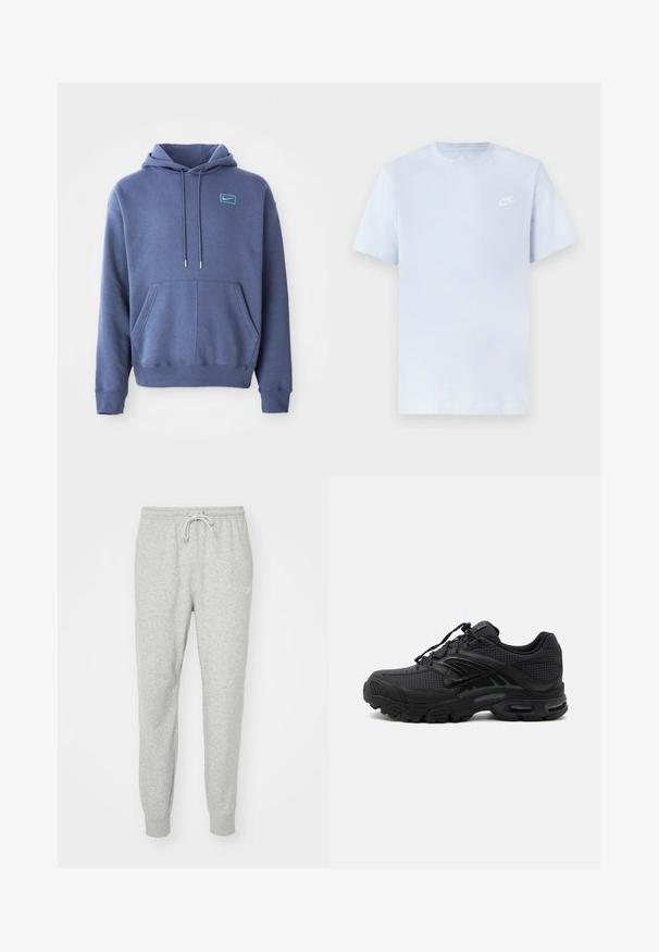 Blå hoodie lavet af blødt stof med en frontlomme, snøre i hætten og et lille broderet logo på brystet.; Lyseblå bomulds t-shirt med korte ærmer, rund hals og et hvidt Nike-logo trykt på venstre bryst. Glat tekstur, simpelt design.; Grå sweatpants lavet af blødt materiale med elastisk talje, snorelukning og ribbede cuffs. Har et lille logo på siden.; Sort atletisk sneaker med tekstureret stof, tyk polstret sål, luftventiler og snørelukning, vist fra siden på en lys baggrund.