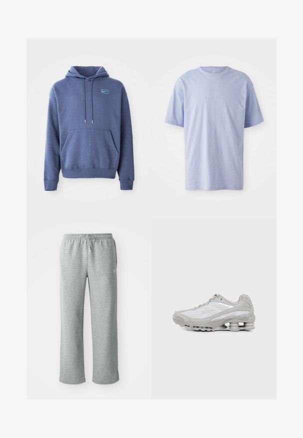 Blauwe hoodie van zacht materiaal met een voorzak, trekkoordcapuchon en een klein geborduurd logo op de borst.; Lichtblauwe katoenen T-shirt met een ronde hals en korte mouwen. Kenmerkt zich door een reliëf "nike" logo op het midden van de voorkant. Zachte textuur.; Grijze katoenen sweatpants met een elastische tailleband, trekkoordsluiting en rechte pijpen. Bevat een klein logo op de bovenste linkerkant.; Grijze en witte sportschoen met zichtbare luchtkussenzool en meshpanelen, in profiel weergegeven op een eenvoudige lichte achtergrond.