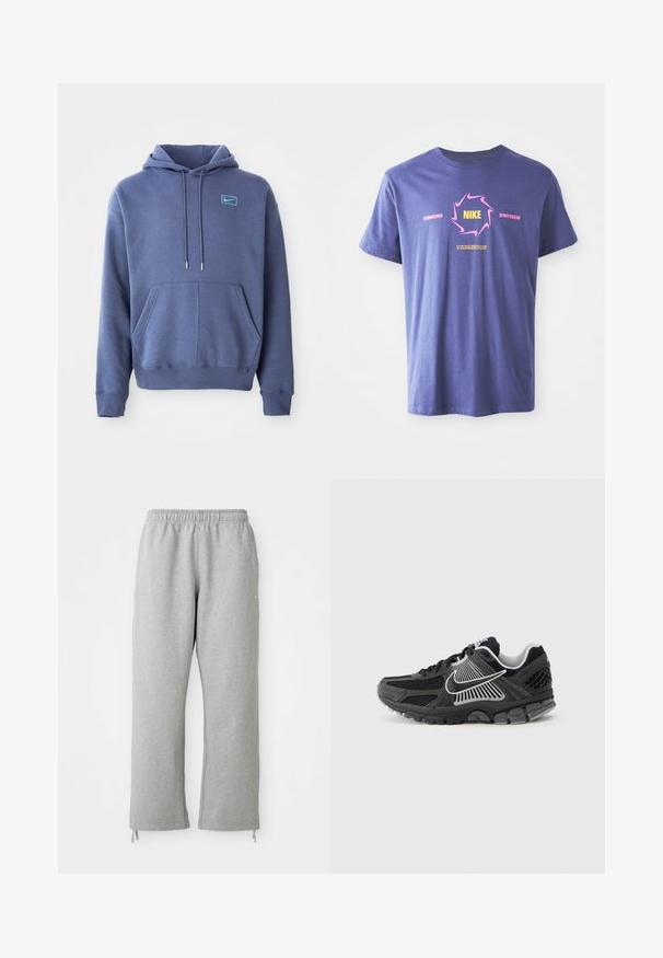 Blauwe hoodie van zacht materiaal met een voorzak, trekkoordcapuchon en een klein geborduurd logo op de borst.; Paarse katoenen T-shirt met korte mouwen met een gewaagd grafisch ontwerp. Bevat "Nike" in het geel binnen een roze draaikolk en tekstaccenten.; Grijze sweatpants met een elastische tailleband, rechte pijpen en trekkoordaccenten aan de zoom. Gemaakt van zachte, gestructureerde stof.; Zwarte sportschoen met meshpanelen en synthetische accenten. Heeft een afgeronde neus, een dikke, gedempte zool en contrasterende witte logodetails.
