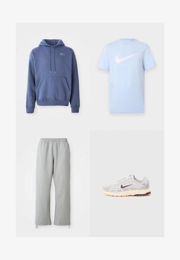 Blauer Hoodie aus weichem Stoff mit einer vorderen Kängurutasche, Kapuze mit Kordelzug und einem kleinen gestickten Logo auf der Brust.; Hellblaues T-Shirt mit kurzen Ärmeln und einem großen weißen Nike-Swoosh-Logo, das mittig auf der Vorderseite vor einem schlichten Hintergrund platziert ist.; Graue Sweatpants mit einem elastischen Bund, geraden Beinen und Kordelzug-Akzenten am Saum. Hergestellt aus weichem, strukturierter Stoff.; Herren-Laufschuh in Hellgrau und Creme mit atmungsaktivem Mesh-Obermaterial, dunkelrotem Nike-Swoosh, gepolstertem Kragen und einer strukturierten Sohle.
