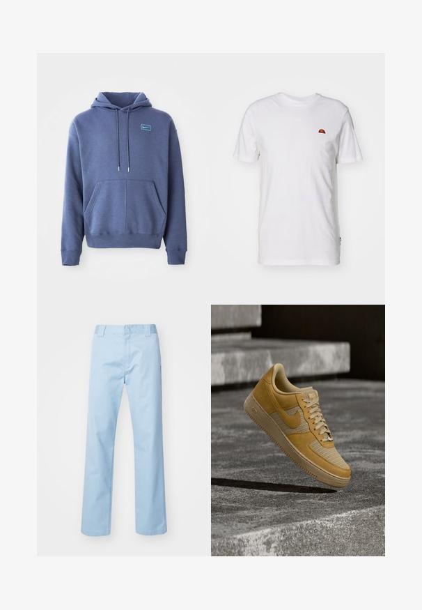 Blauer Hoodie aus weichem Stoff mit einer vorderen Kängurutasche, Kapuze mit Kordelzug und einem kleinen gestickten Logo auf der Brust.; Weißes Baumwoll-T-Shirt mit kurzen Ärmeln und Rundhalsausschnitt. Verfügt über ein kleines, farbenfrohes Logo auf der linken Brustseite. Weicher Stoff.; Helleblau geradlinige Hose aus Baumwollmischgewebe. Verfügt über einen flachen Bund, Seitentaschen und keine sichtbaren Muster oder Verzierungen.; Ein Nike Air Force 1 Sneaker in Braun- und Beigetönen, der über einer Betonfläche schwebt, mit Steinstufen im Hintergrund.