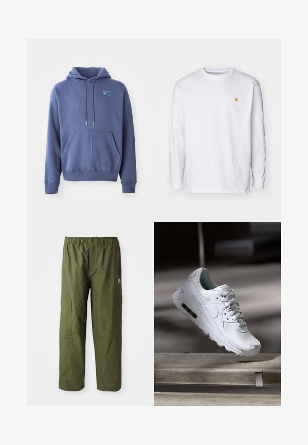 Blauwe hoodie van zacht materiaal met een voorzak, trekkoordcapuchon en een klein geborduurd logo op de borst.; Witte lange mouwen t-shirt van katoen. Voorzien van een klein gouden logo op de borst en een ronde hals. Eenvoudig ontwerp en standaard pasvorm.; Nike cargo broek in donkergroen olijf, met een elastische tailleband, twee zijzakken en een gladde, lichte stof.; Witte Nike Air Max 90 sneaker met een bovenwerk van mesh en leer, een geperforeerde teenbox en een zichtbare luchtunit in de hiel.