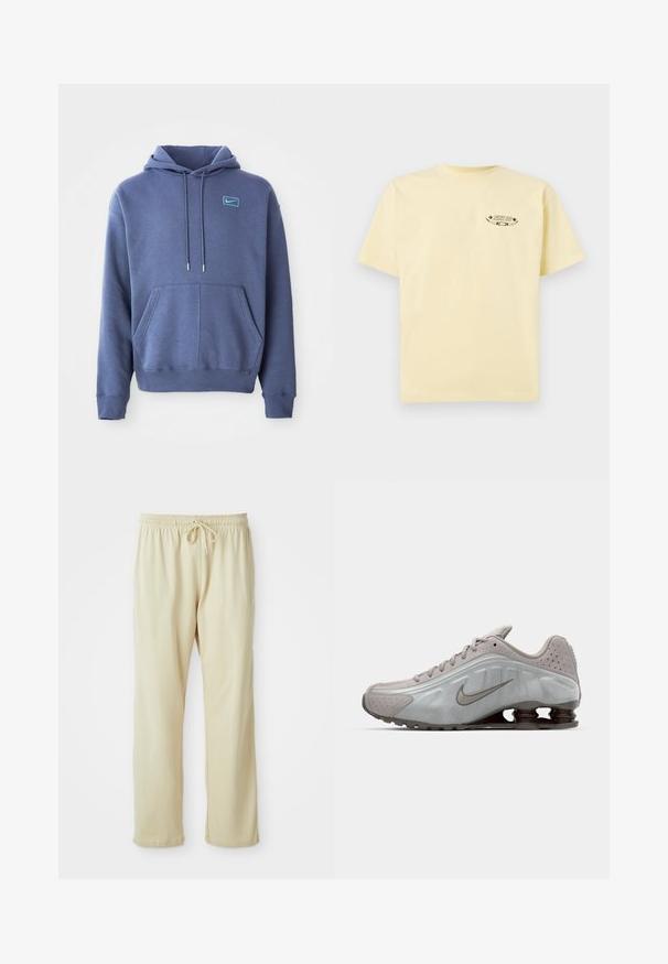 Sininen huppari, joka on valmistettu pehmeästä kankaasta. Siinä on etupussitasku, kiristettävä huppu ja pieni brodeerattu logo rinnassa.; Keltainen puuvillapaita ly short-sleeve ja pyöreällä kaula-aukolla, jossa on painettu graafinen logo vasemmassa rintataskussa.; Vaaleanbeige-hiki-housut, joissa on naru vyötäröllä, kapenevat lahkeet ja pehmeä tekstuuri. Alalahkeessa on hillitty tuotemerkin logo.; Nike juoksukengät vaaleanharmaana, pehmeällä pinnalla, kaarevalla muotoilulla ja tummanruskealla näkyvällä vaimennusjousella kantapäässä.