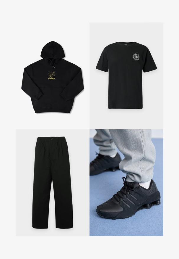 Sort hættetrøje med en frontlomme, prydet med et gult grafisk motiv af en fugl og ordet "FORMER" i fed skrift. Blødt materiale med justerbar snor.; Sort bomulds t-shirt med korte ærmer, med et hvidt grafisk logo på venstre bryst. Klassisk rund hals-design. Standard pasform.; Sorte, vide bukser med elastisk liv og knaplukning. Lavet af blødt stof, med subtil tekstur og uden mønstre.; Person iført sorte Nike Shox sneakers og grå joggingbukser, der står på lyseblåt tæppe.